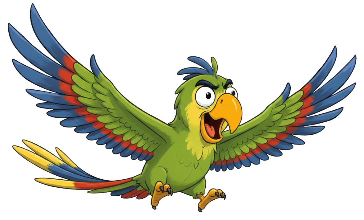 Frank, an Amazon parrot flying fast, official Monkeys on Patrol artwork